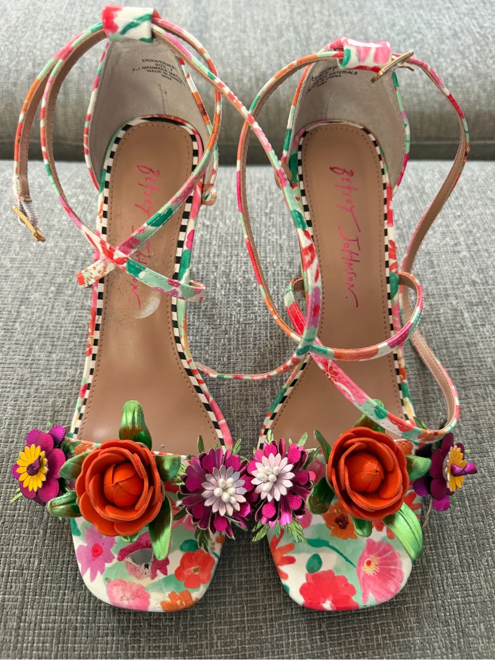 Betsey Johnson Floral Multi-Color Strappy Heels with Orange Rose Accents